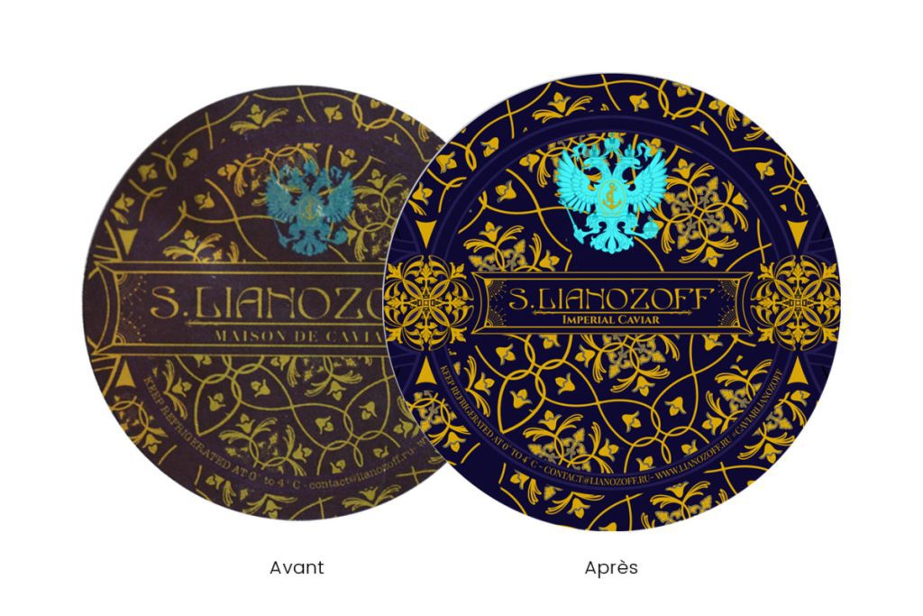 Redesign of label visual identity Caviar Lianozoff, Before and After